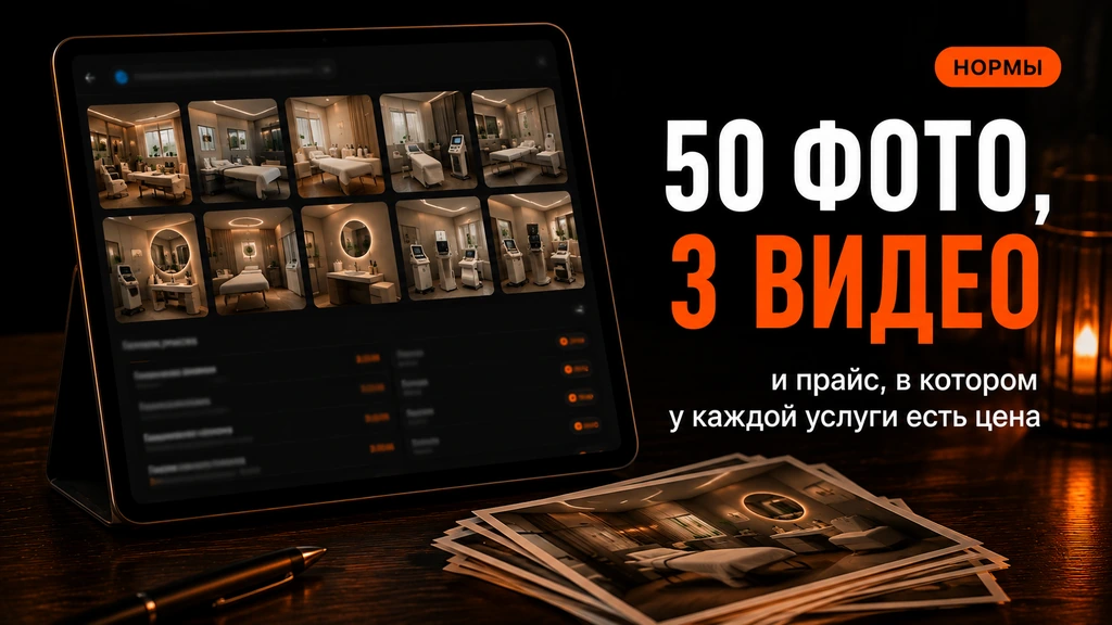 Карточка косметологии с сеткой фотографий и прайсом: норма 50 фото, 3 видео и цена у каждой услуги