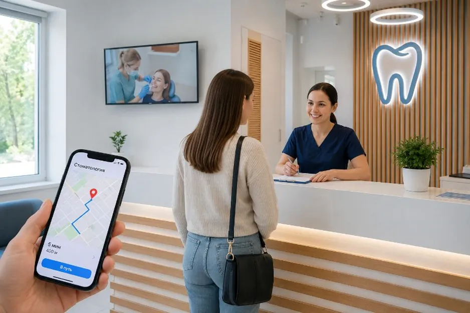 Пациентка пришла в стоматологию по маршруту из карт, на экране смартфона построенный путь